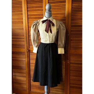 Vintage 1970s A Line Midi Dress Puff Sleeves Neck Tie Workwear Costume